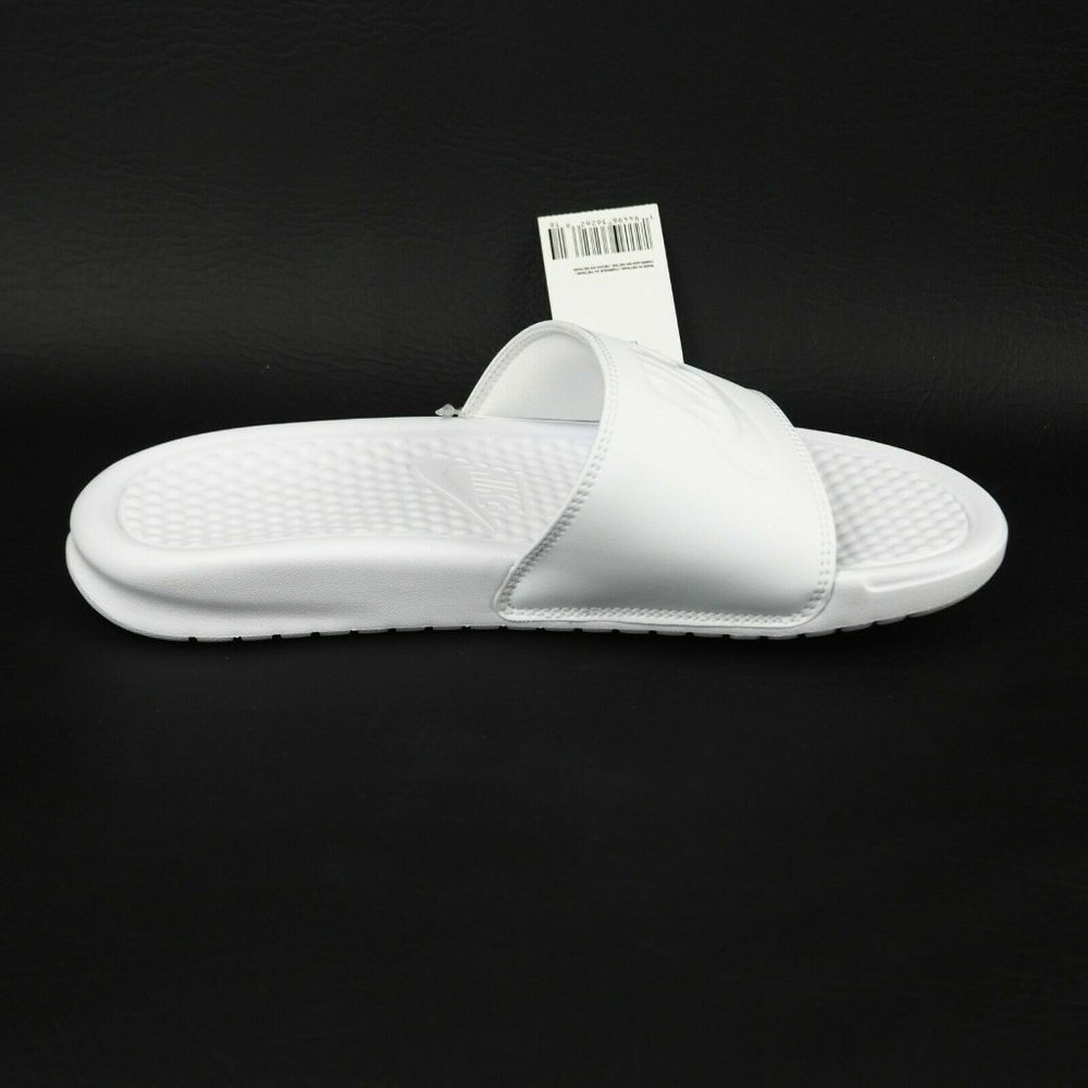 Nike Benassi JDI Women Sandals Slide All White Leather Outdoors - Picture 3 of 12